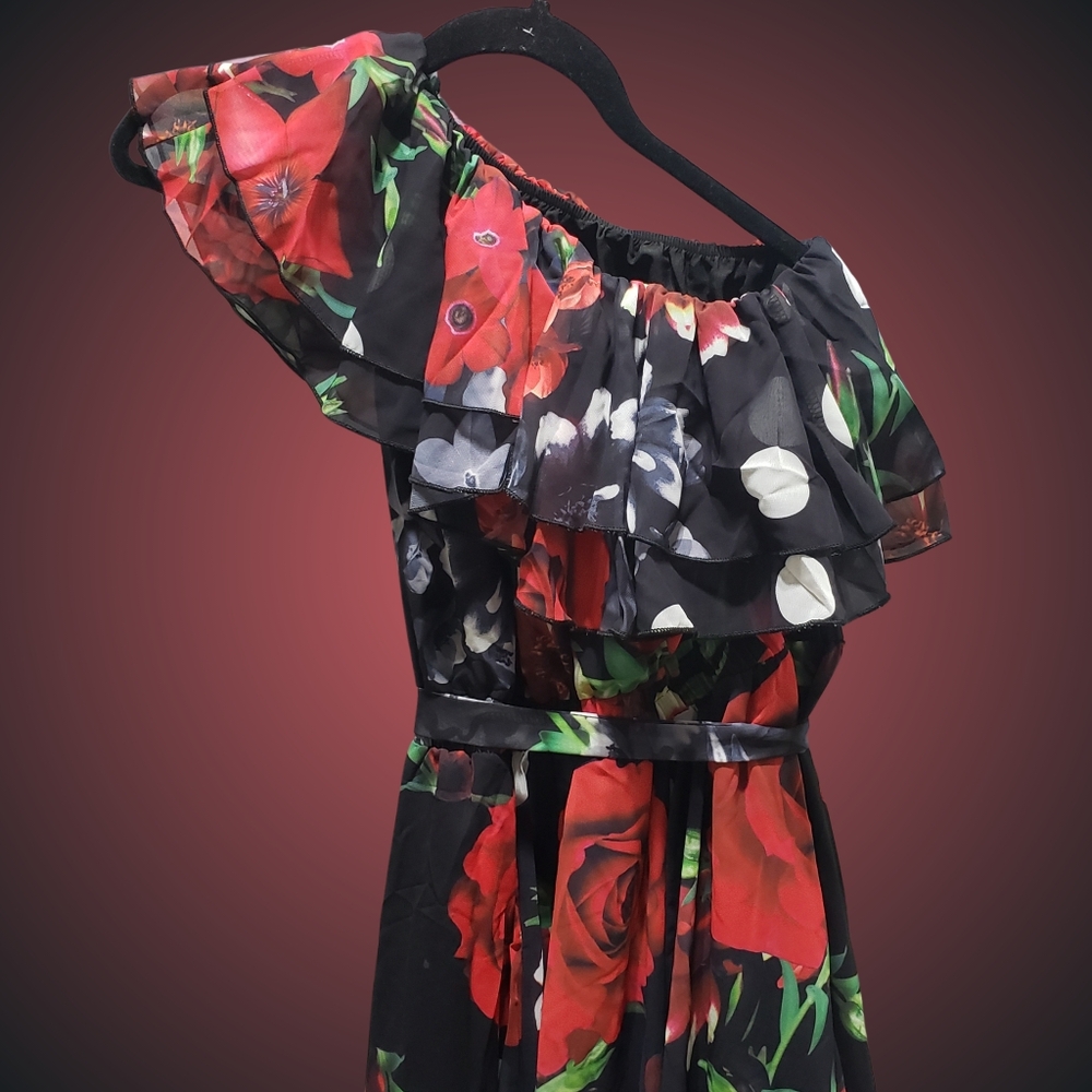 DALIA MACPHEE One Shoulder Floral Dots Maxi Dress Medium Red NWT 🌹⚘ - Picture 5 of 7